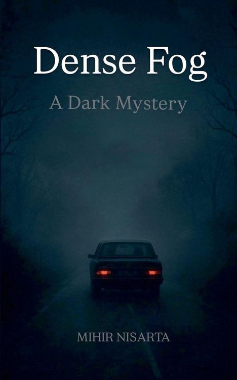 "Dense Fog: A Dark Mystery." Unten ein Auto auf nebliger Straße, umgeben von Bäumen. Dunkle, geheimnisvolle Stimmung.