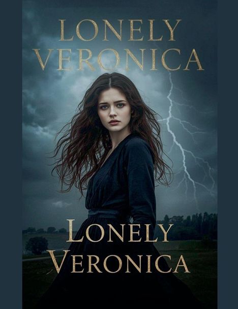 "Lonely Veronica" steht in großer Schrift. Eine Frau mit langen Haaren steht vor einem stürmischen Himmel mit Blitzen.