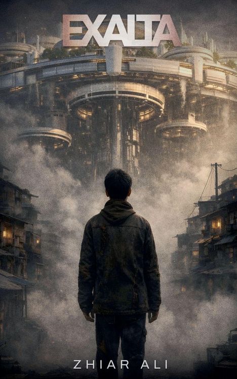 EXALTA, ZHIAR ALI. Eine futuristische Szene mit einer Person, die einen riesigen, schwebenden Gebäudekomplex betrachtet.
