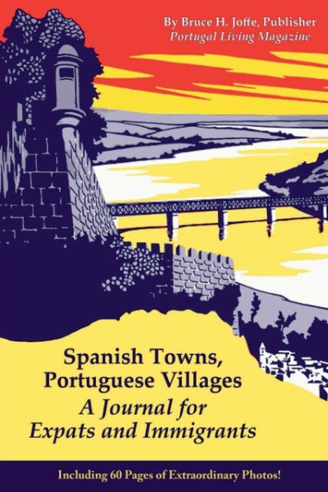 "Spanish Towns, Portuguese Villages: A Journal for Expats and Immigrants" steht vor einer Zeichnung.
