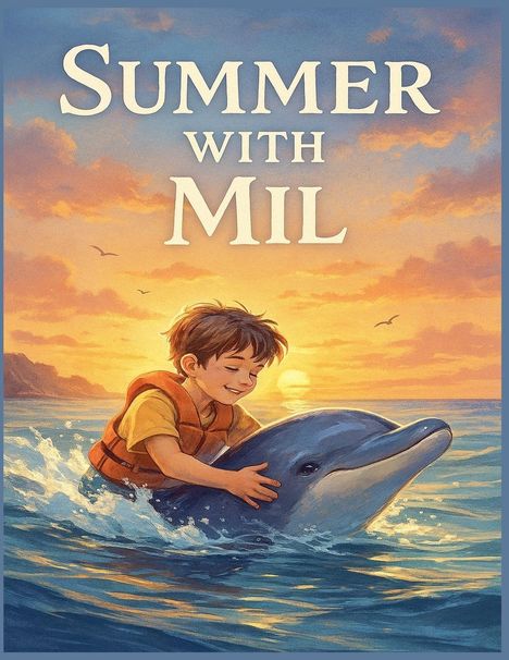 Text: "Summer with Mil". Ein Junge in einer Schwimmweste reitet auf einem Delfin während eines Sonnenuntergangs.