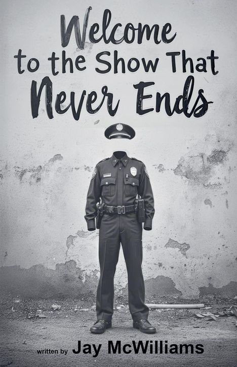 Text: "Welcome to the Show That Never Ends" und "written by Jay McWilliams". Illustration: Leere Polizei-Uniform vor grober Wand.