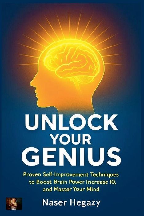 „Unlock Your Genius“, Techniken zur Steigerung der Gehirnleistung. Kopf mit leuchtendem Gehirn als Illustration.
