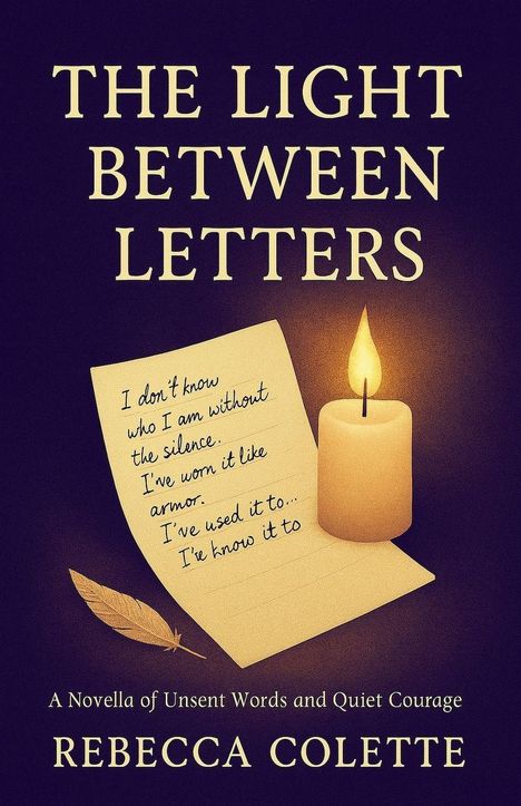 „THE LIGHT BETWEEN LETTERS“ oben, Notiz und brennende Kerze, unten „REBECCA COLETTE“.