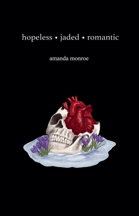 Texte: "hopeless • jaded • romantic", "amanda monroe". Illustration: Totenkopf mit Herz und lila Blumen.