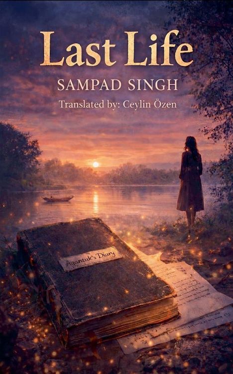 „Last Life“ von Sampad Singh, übersetzt von Ceylin Özen. Eine Frau steht am Ufer eines Flusses bei Sonnenuntergang.