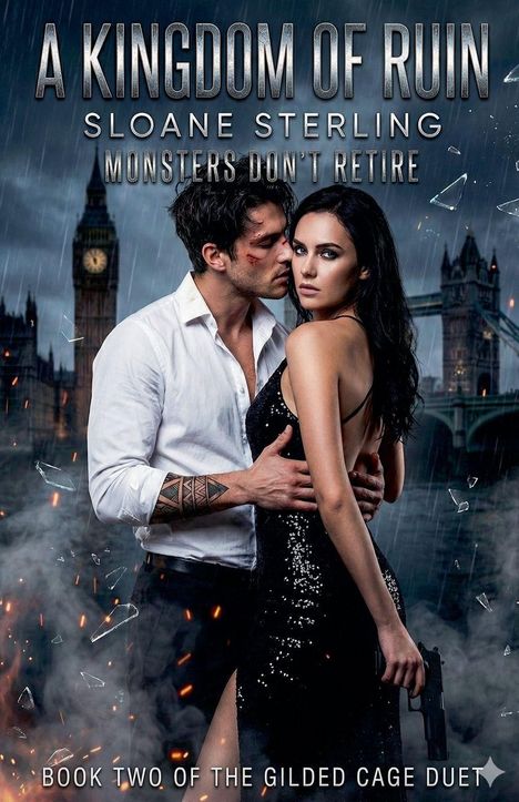 "A Kingdom of Ruin", "Sloane Sterling", "Monsters Don't Retire". Ein Paar steht vor einer Stadt, die im Hintergrund dampft.