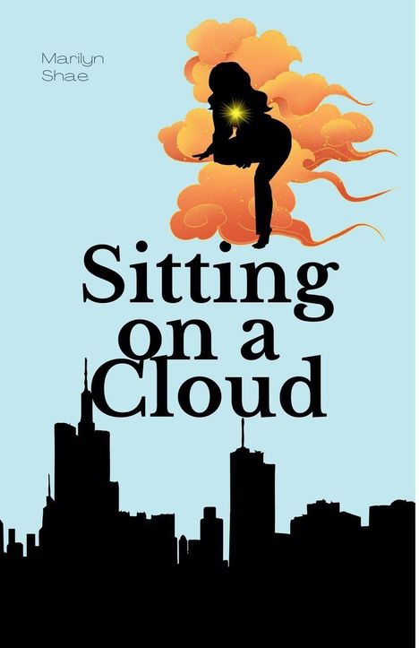 "Sitting on a Cloud", "Marilyn Shae". Stadt-Silhouette, Frau auf orange Wolken, Lichtstrahl.