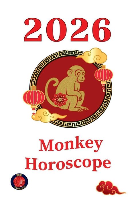 "2026 Monkey Horoscope" in roter Schrift. Illustration eines goldenen Affen, umgeben von traditionellen Laternen und Wolkenmotiven.