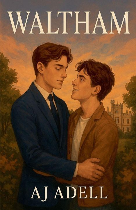 "WALTHAM" und "AJ ADELL" sind in Großbuchstaben zu sehen. Zwei junge Männer umarmen sich vor einem Schloss bei Sonnenuntergang.