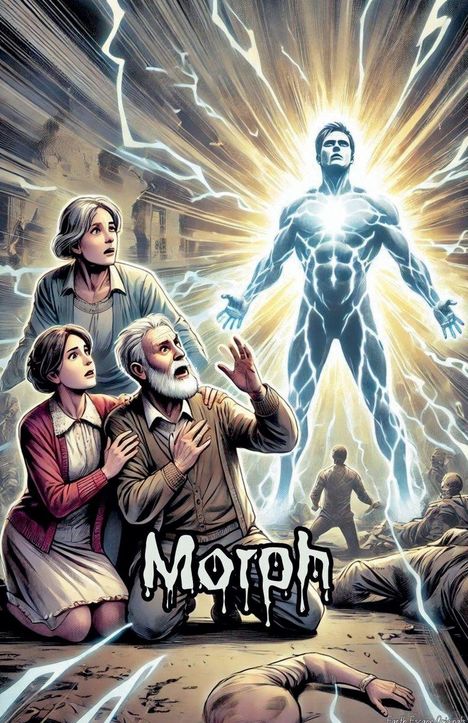 „Morph“ steht in stilisiertem Text. Eine leuchtende Gestalt strahlt Energie aus, umgeben von fassungslosen Menschen.