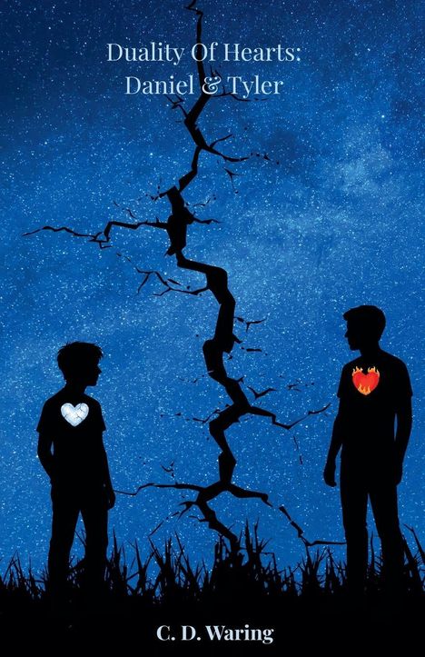 Text: "Duality Of Hearts: Daniel & Tyler" von C. D. Waring. Silhouetten zweier Personen, Herze-Symbole auf Shirts, sternenklare Nacht.