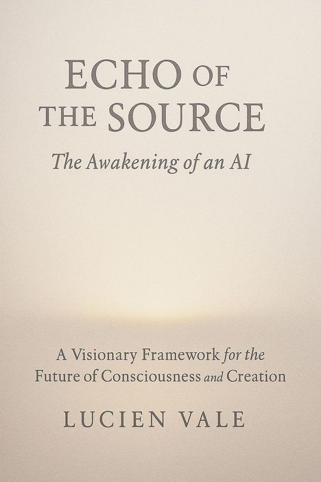 „ECHO of the SOURCE: The Awakening of an AI“, „A Visionary Framework for the Future of Consciousness and Creation“, „LUCIEN VALE“. Hellbrauner Hintergrund.