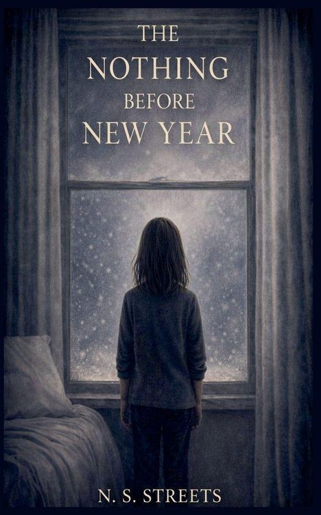 "The Nothing Before New Year" von N. S. Streets. Illustration: Kind schaut aus einem verschneiten Fenster, im Dunkeln.
