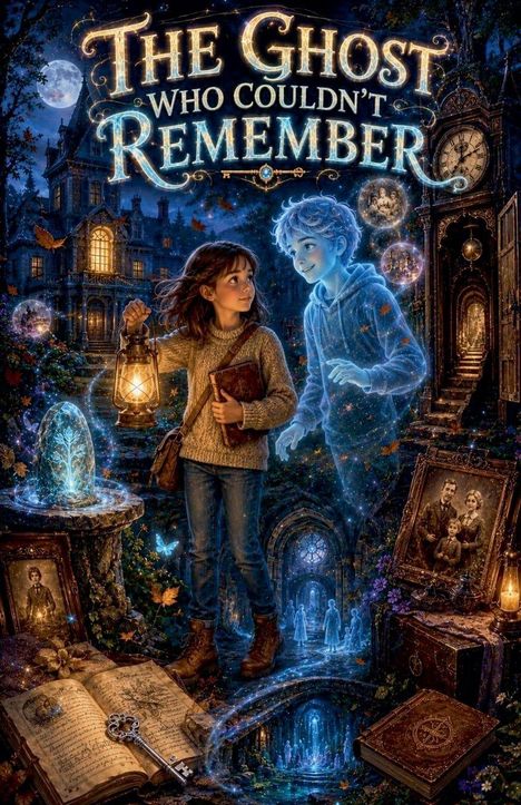 "The Ghost Who Couldn't Remember." Eine junge Frau mit Laterne. Ein freundlicher Geist neben ihr, Umgebung voller Magie.
