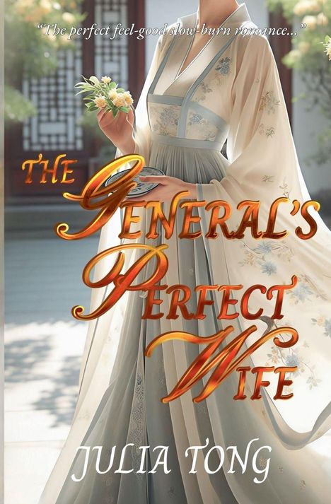 "The General's Perfect Wife" und "Julia Tong". Eine Frau in traditionellem Kleid hält Blumen in einem eleganten Innenhof.