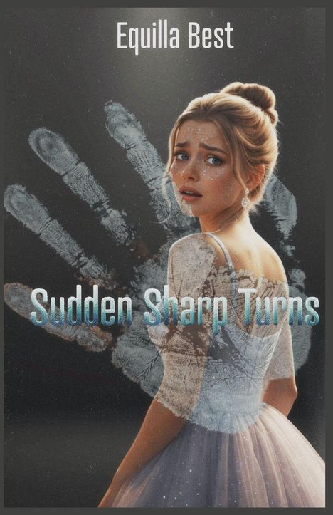 Text oben: "Equilla Best". Text unten: "Sudden Sharp Turns". Junge Frau in schimmerndem Kleid vor Handabdruck.