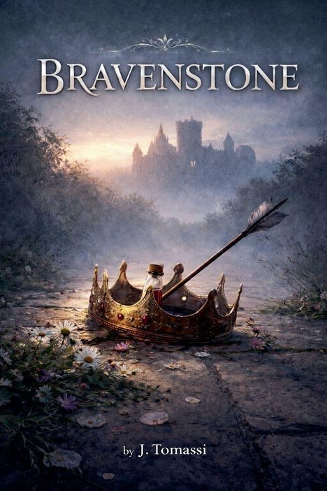 "BRAVENSTONE" oben, "by J. Tomassi" unten. Eine Krone mit Pfeil, Flasche darin, im Vordergrund; Burg im Nebel hinten.