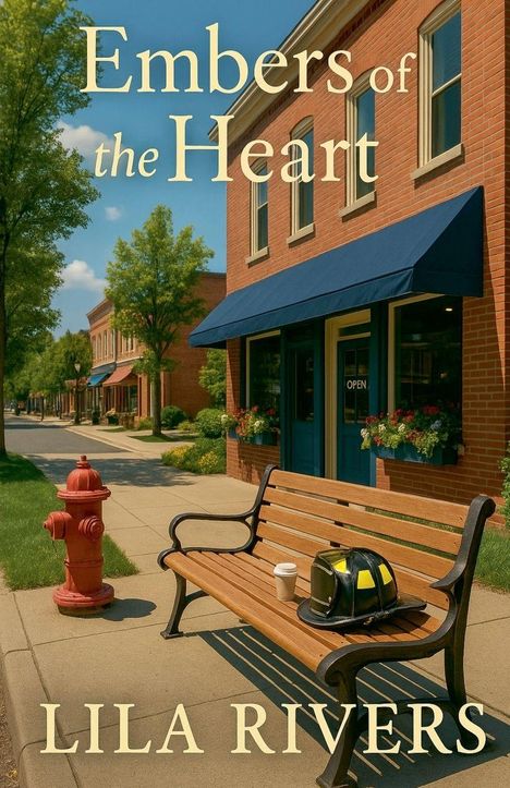 „Embers of the Heart“, „Lila Rivers“. Eine Ladenstraße mit einer Holzbank, Feuerwehrhelm und Becher neben einem Hydranten.