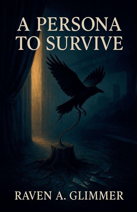 Text: "A Persona to Survive" und "Raven A. Glimmer". Illustration zeigt einen Raben auf einem Baumstumpf im dunklen Raum.