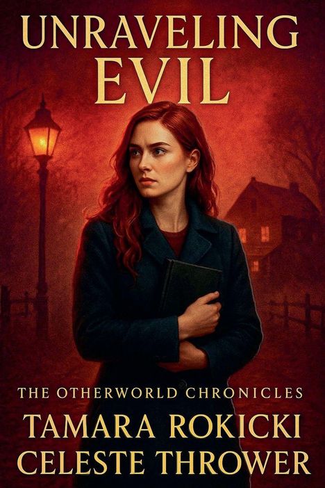 „Unraveling Evil“, „The Otherworld Chronicles“, Tamara Rokicki, Celeste Thrower. Frau mit rotem Haar, Laterne, Haus im Hintergrund.