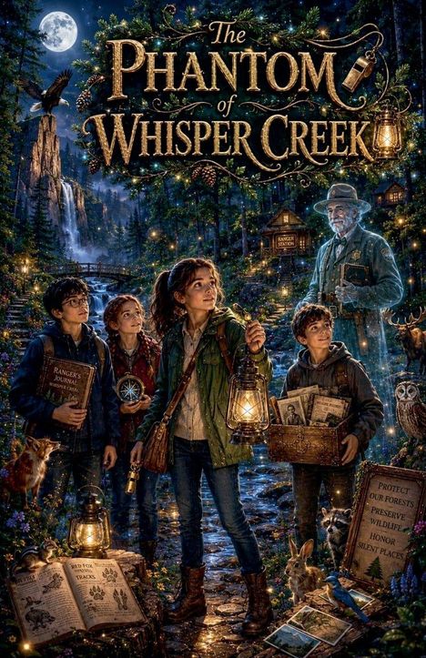 "The Phantom of Whisper Creek" steht oben. Kinder mit Laternen im Wald, Bücher, ein Ranger-Geist, Tiere wie Fuchs und Eule.