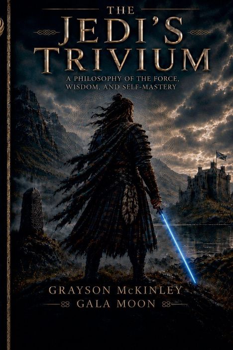 "The Jedi's Trivium: A Philosophy of the Force, Wisdom, and Self-Mastery" von Grayson McKinley und Gala Moon. Eine Figur mit Lichtschwert steht vor einer Burglandschaft.