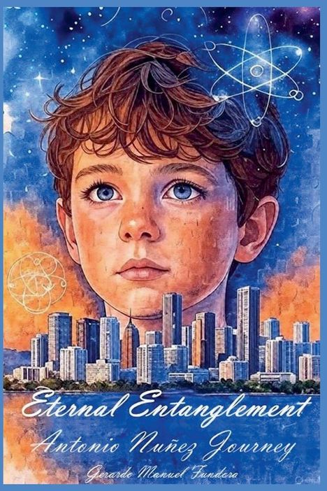 "Eternal Entanglement, Antonio Nuñez Journey" in geschwungener Schrift. Ein Junge und Skyline, Himmel mit Atomsymbol.