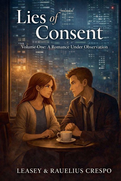 „Lies of Consent“. „Volume One: A Romance Under Observation“. Zwei Personen an einem Tisch mit einer Tasse.