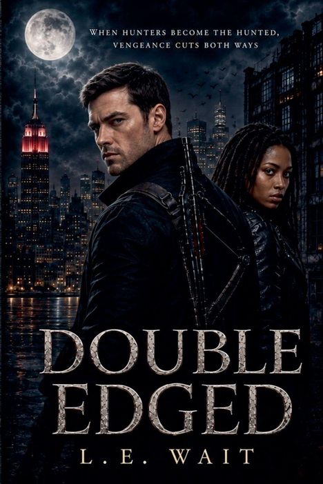 "When hunters become the hunted, vengeance cuts both ways. DOUBLE EDGED L.E. WAIT." Zwei Personen vor einer Stadt bei Nacht.