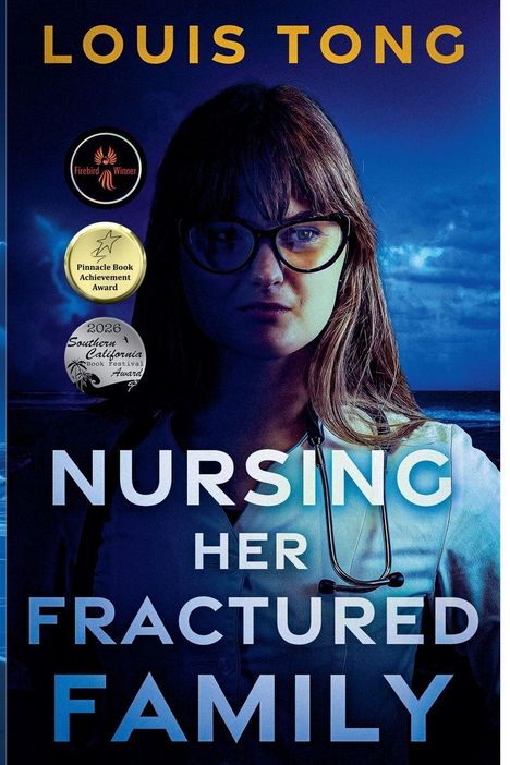 „NURSING HER FRACTURED FAMILY“ zeigt eine Frau mit Brille und Stethoskop vor einem dunklen, stürmischen Hintergrund.