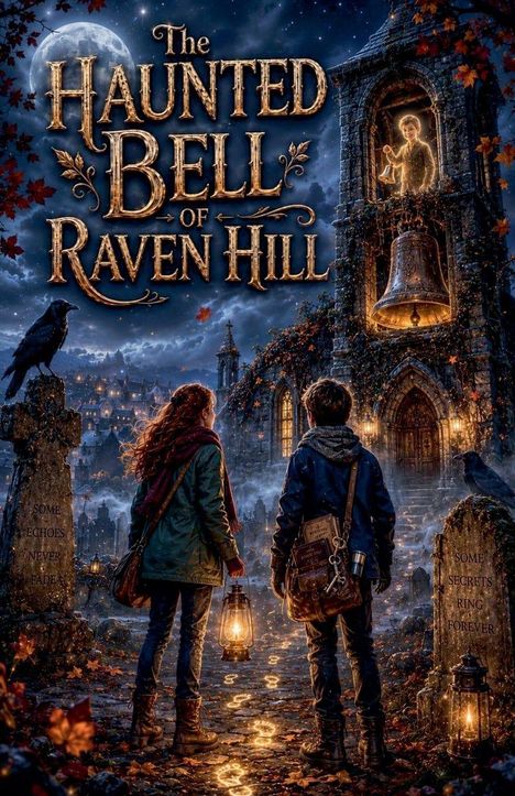"The Haunted Bell of Raven Hill" in großer Schrift, darunter zwei Kinder mit Laternen vor einem alten Turm mit Geisterglocke.