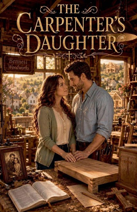 Text: "The Carpenter's Daughter", "Bennett Woodworks". Eine Frau und ein Mann stehen in einer warm beleuchteten Werkstatt.