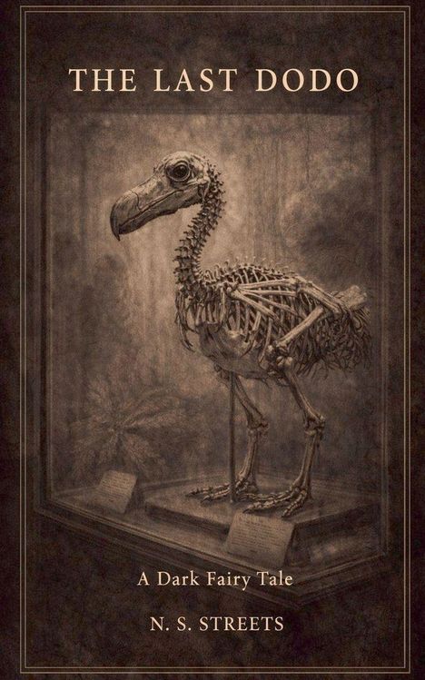 "THE LAST DODO", "A Dark Fairy Tale", "N. S. STREETS". Ein Dodoskelett in einem rustikalen Rahmen.