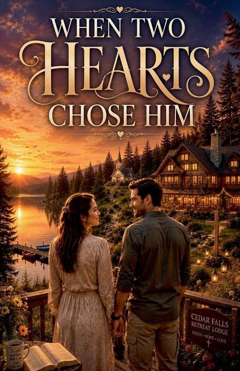 "When Two Hearts Chose Him." Zwei Personen stehen auf einer Terrasse mit Blick auf einen See und ein Haus in idyllischer Natur.