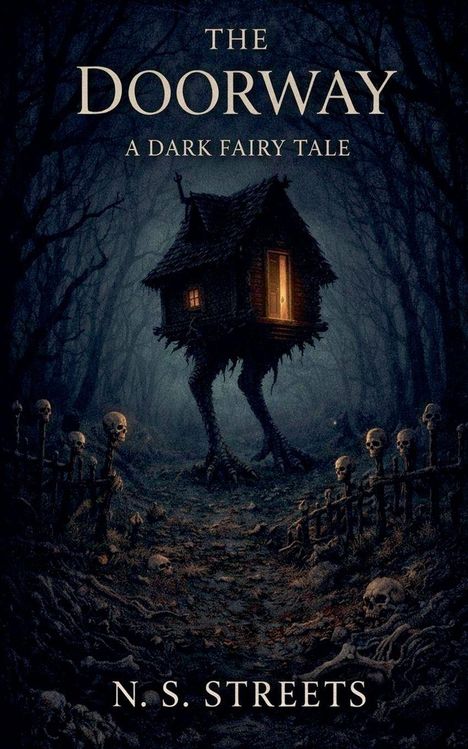 Ein düster beleuchtetes Haus auf Hühnerbeinen in einem nebligen Wald, umgeben von Schädeln und Bäumen.