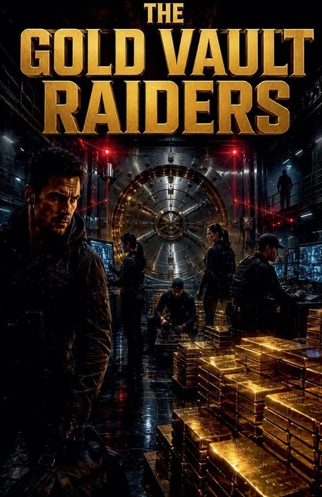 Oben steht "The Gold Vault Raiders". Eine Gruppe bewaffneter Personen umgeben von Goldbarren in einem Tresorraum.
