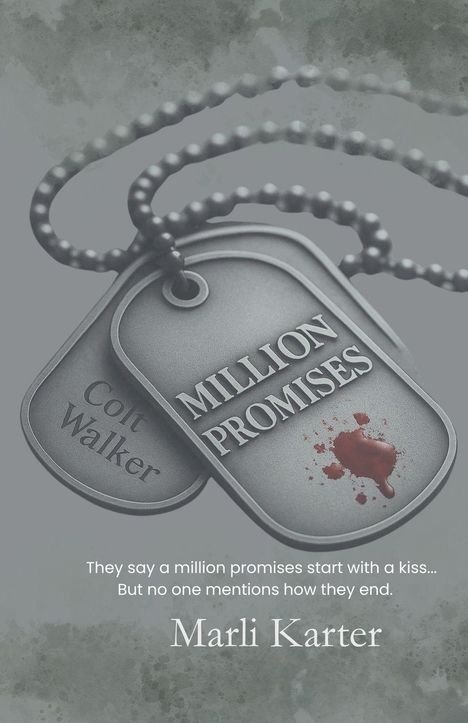 Metallmarken mit den Worten "MILLION PROMISES" und "Colt Walker". Blutfleck auf einer Marke. Name darunter: Marli Karter.