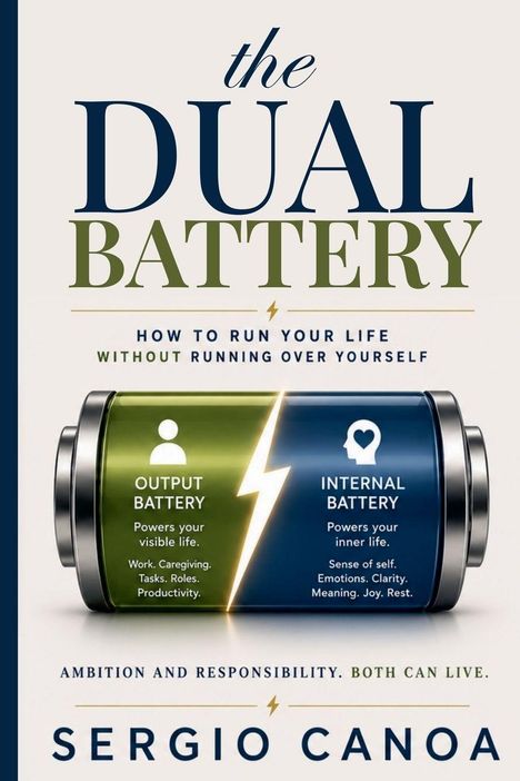 "THE DUAL BATTERY - How to run your life without running over yourself" Buchcover mit Batterie-Illustration.