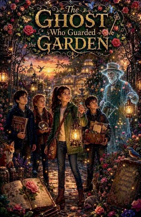 "The Ghost Who Guarded the Garden." Vier Kinder mit Laternen vor Gewächshäusern, ein Geist und Tiere darum herum.