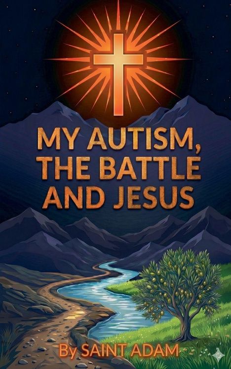 "MY AUTISM, THE BATTLE AND JESUS. By SAINT ADAM." Ein leuchtendes Kreuz über Bergen, Fluss und Baum in einer Illustration.