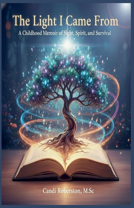 Text: The Light I Came From; A Childhood Memoir of Sight, Spirit, and Survival; Candi Roberston, M.Sc.
Illustration: Baum wächst aus Buch.
