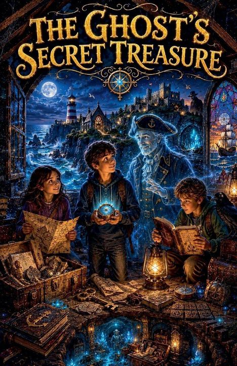 „THE GHOST'S SECRET TREASURE“. Drei Kinder entdecken mit einem Geisterpiraten Karten und Lampen in einer mystischen Höhle.