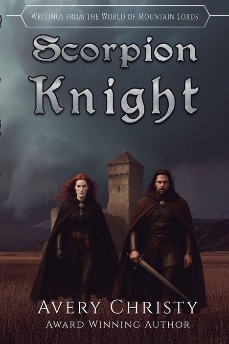„Scorpion Knight“ von Avery Christy. Zwei Personen in dunklen Umhängen vor einem Turm unter düsterem Himmel.