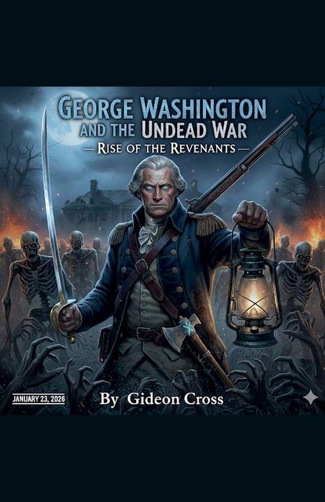 "George Washington and the Undead War: Rise of the Revenants" steht über einem kämpferischen Mann mit Laterne, umgeben von Skeletten.
