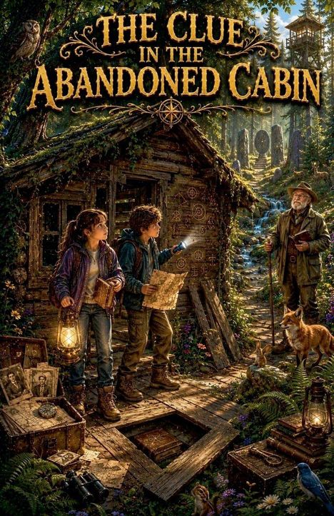 "The Clue in the Abandoned Cabin" steht über einer Waldhütte. Zwei Kinder und ein älterer Mann untersuchen etwas, umgeben von Tieren.