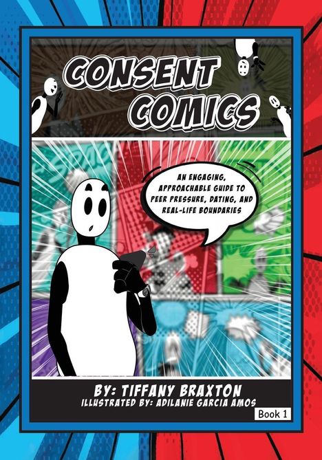 Titel: "Consent Comics". Ein Comic-Stil mit einer Figur, die ein Handy hält. Farbige, dynamische Muster im Hintergrund.
