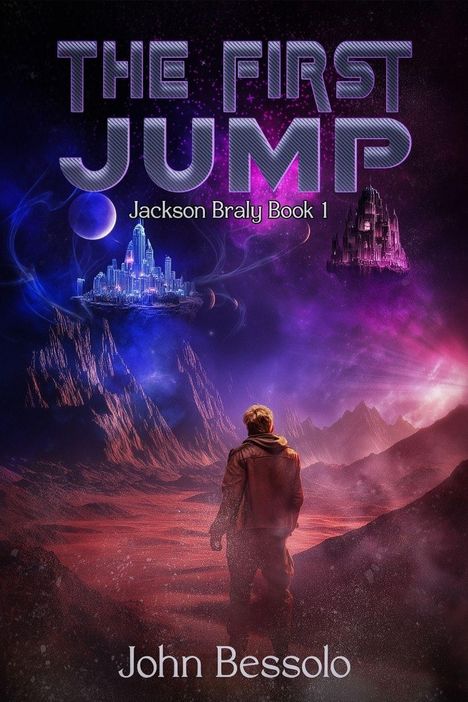 "The First Jump. Jackson Braly Book 1. John Bessolo." Eine Person steht vor einer fantastischen, außerirdischen Landschaft.