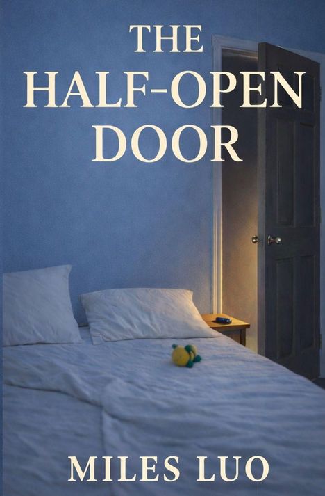 Texte: "THE HALF-OPEN DOOR" und "MILES LUO". Schlafzimmer mit einem Bett, Halb-offene Tür, sanft beleuchtet, kleines Spielzeug darauf.