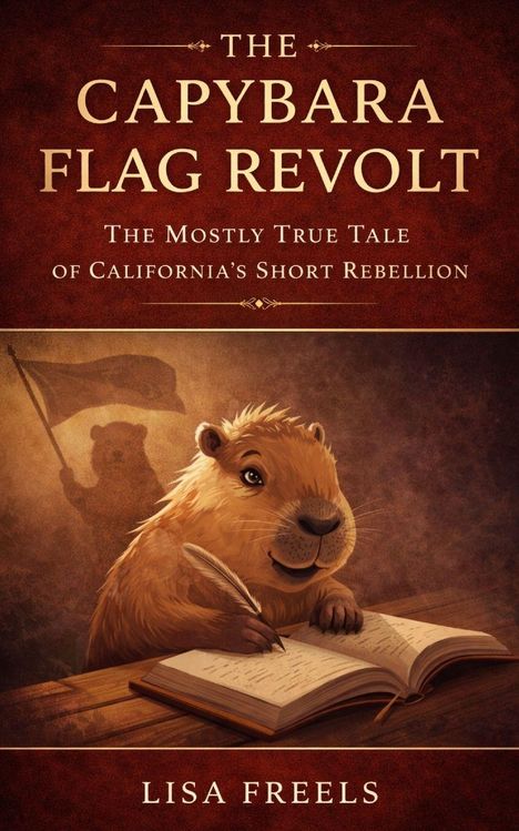 „The Capybara Flag Revolt“ steht über einem Kapibara, das mit einer Feder in ein Buch schreibt.